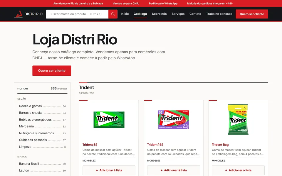 Catálogo com produtos e busca no site da Distri Rio