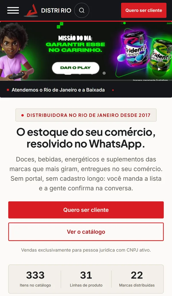 Página inicial do site da Distri Rio vista no celular