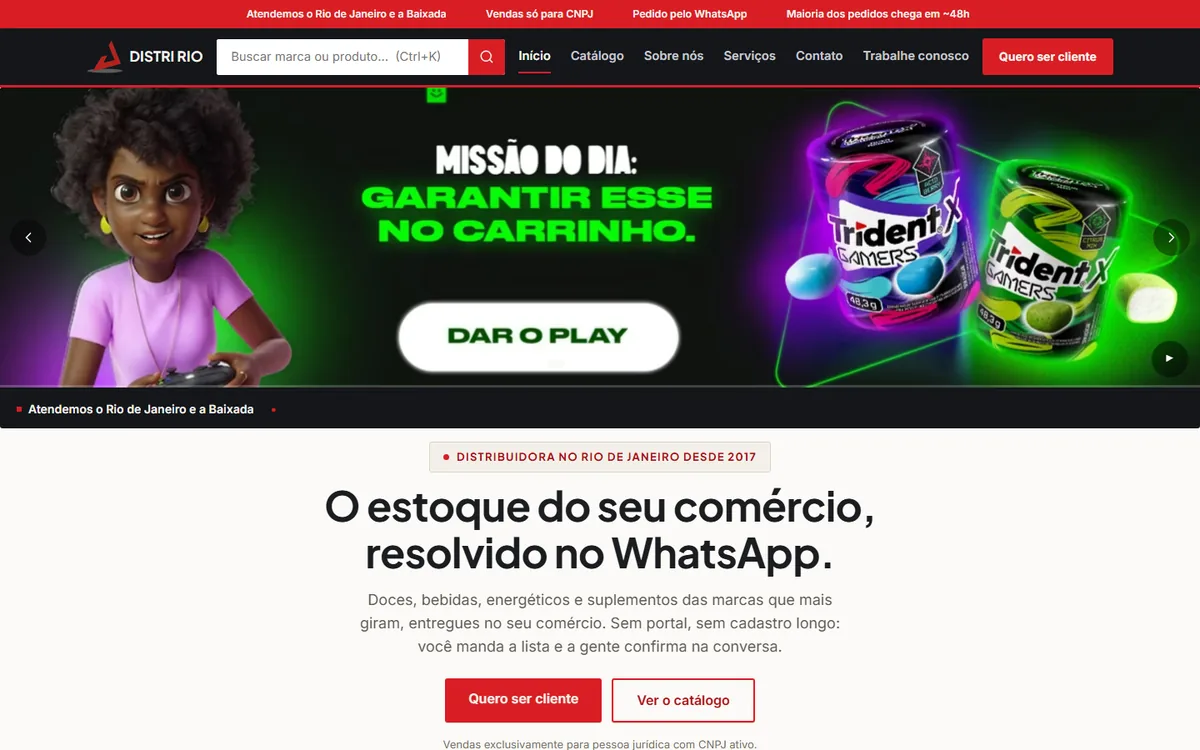 Página inicial do site da Distri Rio vista no computador